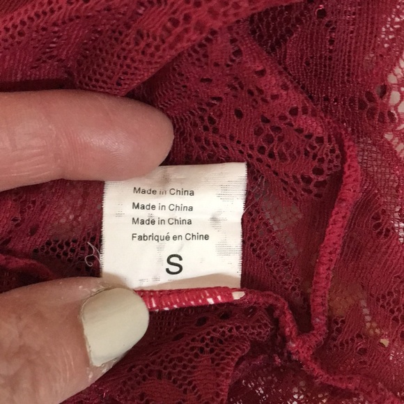 Avid Love sz Small lace bodysuit Haler top scalloped edge deep wine red sheer - Picture 12 of 13